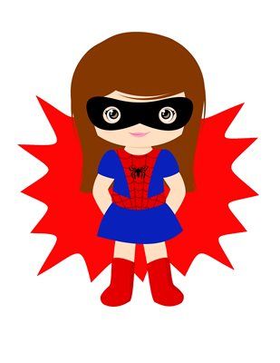 Girl in superhero costume with red cape and mask.
