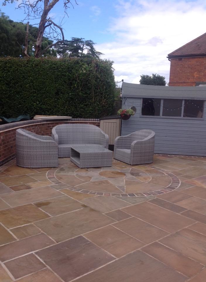Patio hardscaping with shed