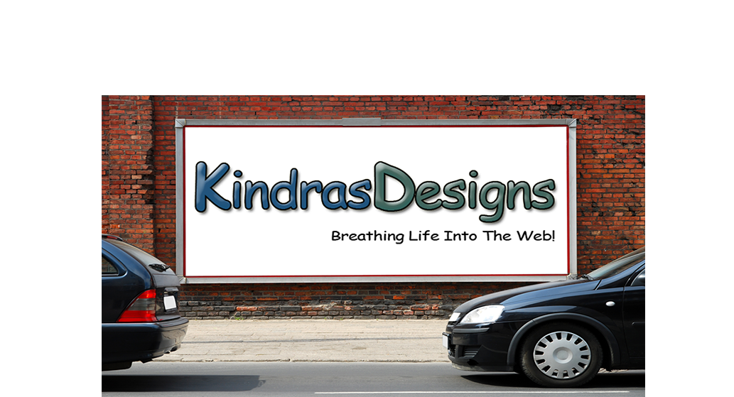 Two cars are parked in front of a billboard that says kindras designs
