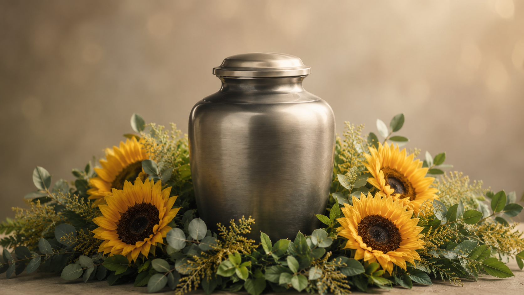Silver urn surrounded by sunflowers and greenery on a rustic tabletop