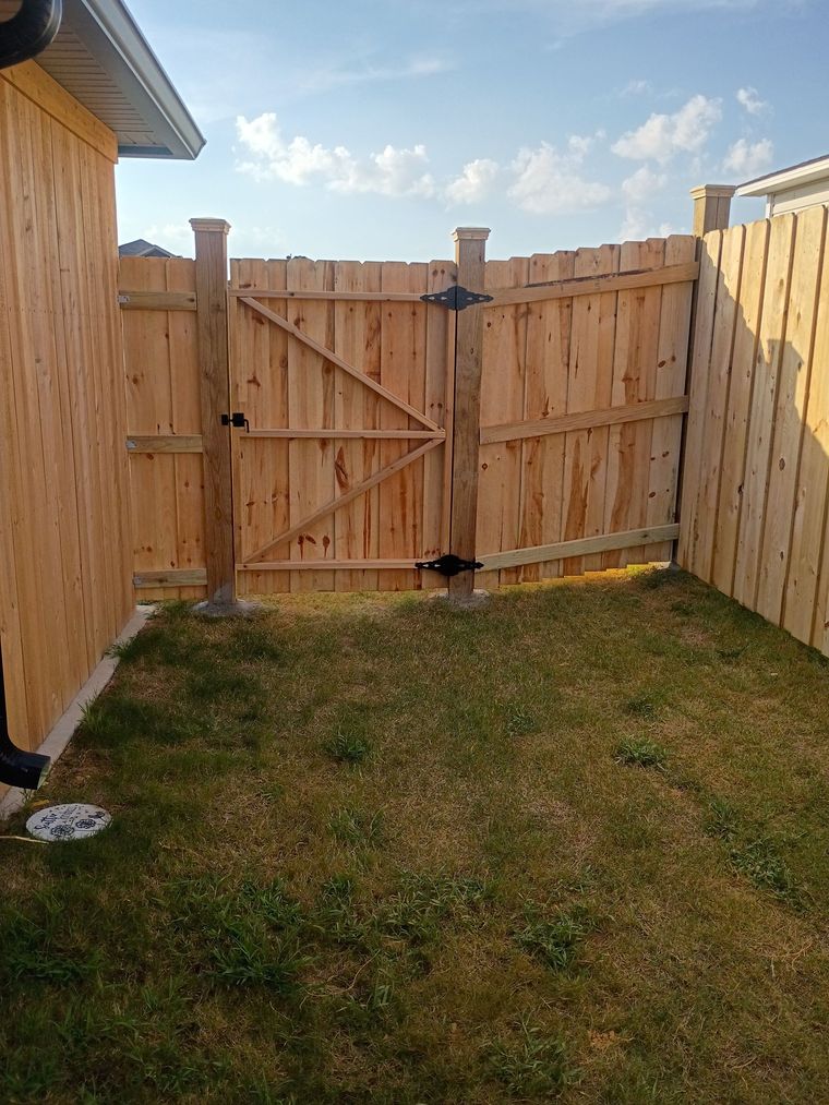 Backyard with wooden fence and gate, grassy lawn, blue sky, and part of a house visible on the left.