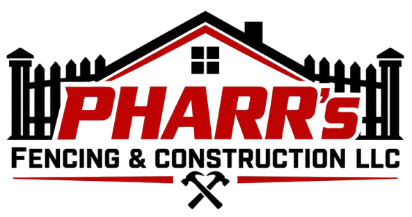 Pharr's Fencing & Construction LLC logo with black fence and red roof graphic and crossed tools