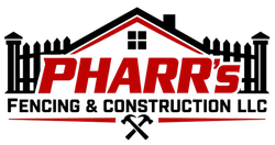Pharr's Fencing & Construction LLC logo with black fence and red roof graphic and crossed tools