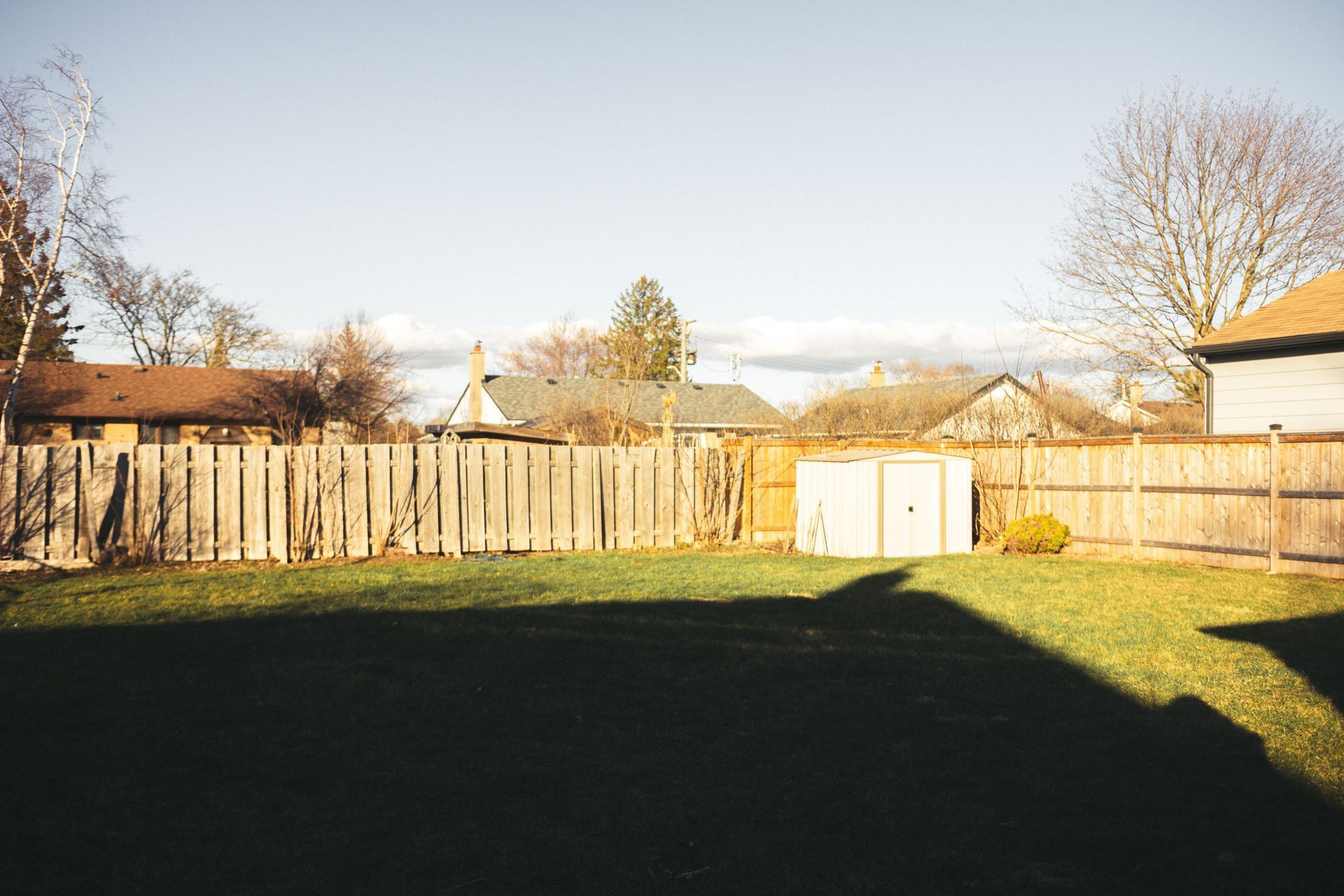 Sunny backyard with wooden fence, small shed, and a large shadow across the grass