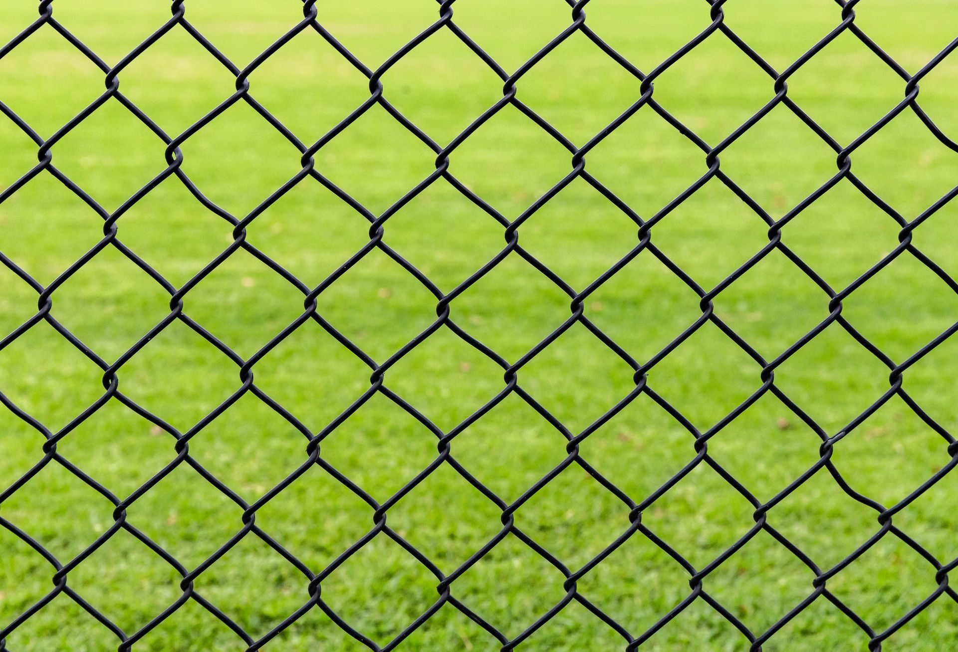 Black chain-link fence in front of a bright green field