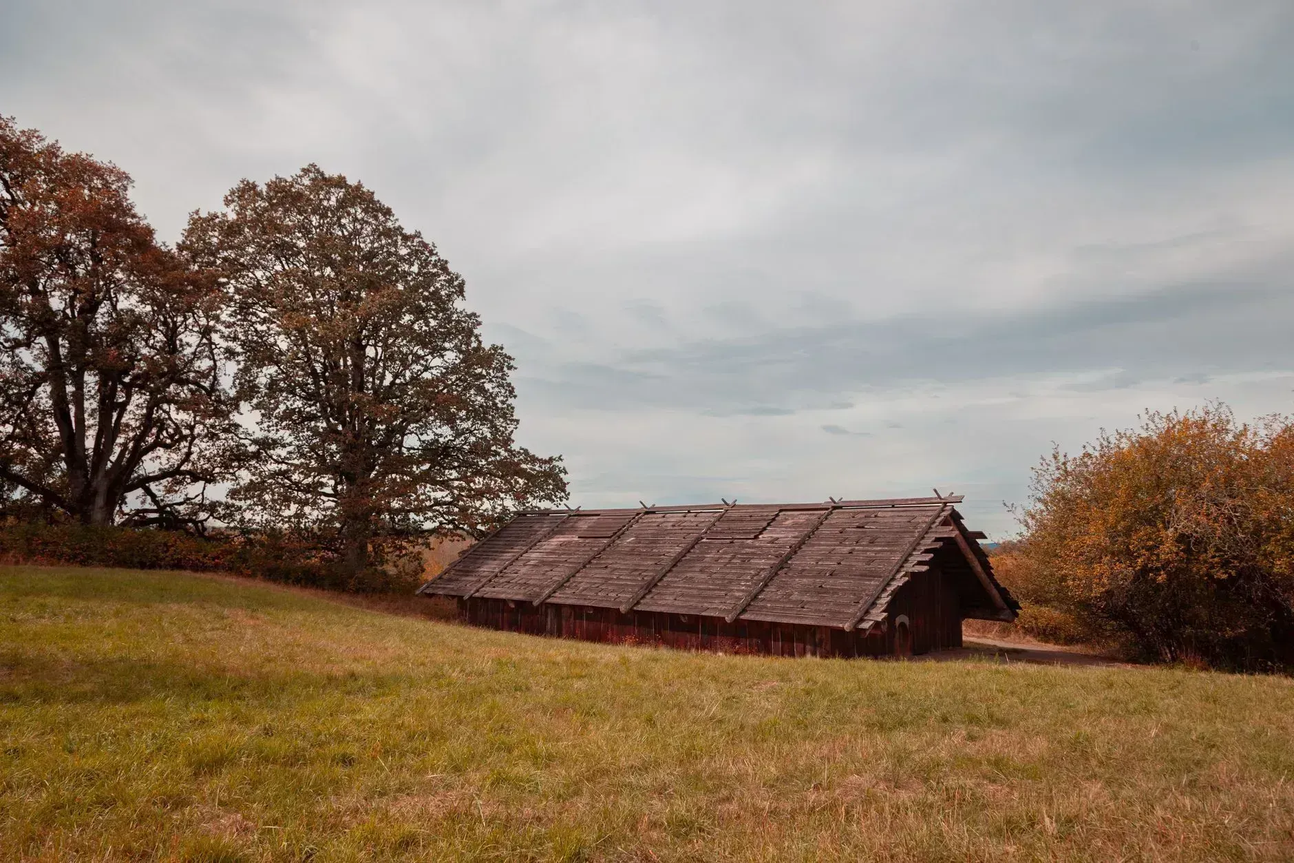 Rustic wooden barn in a grassy field with autumn trees under a cloudy sky