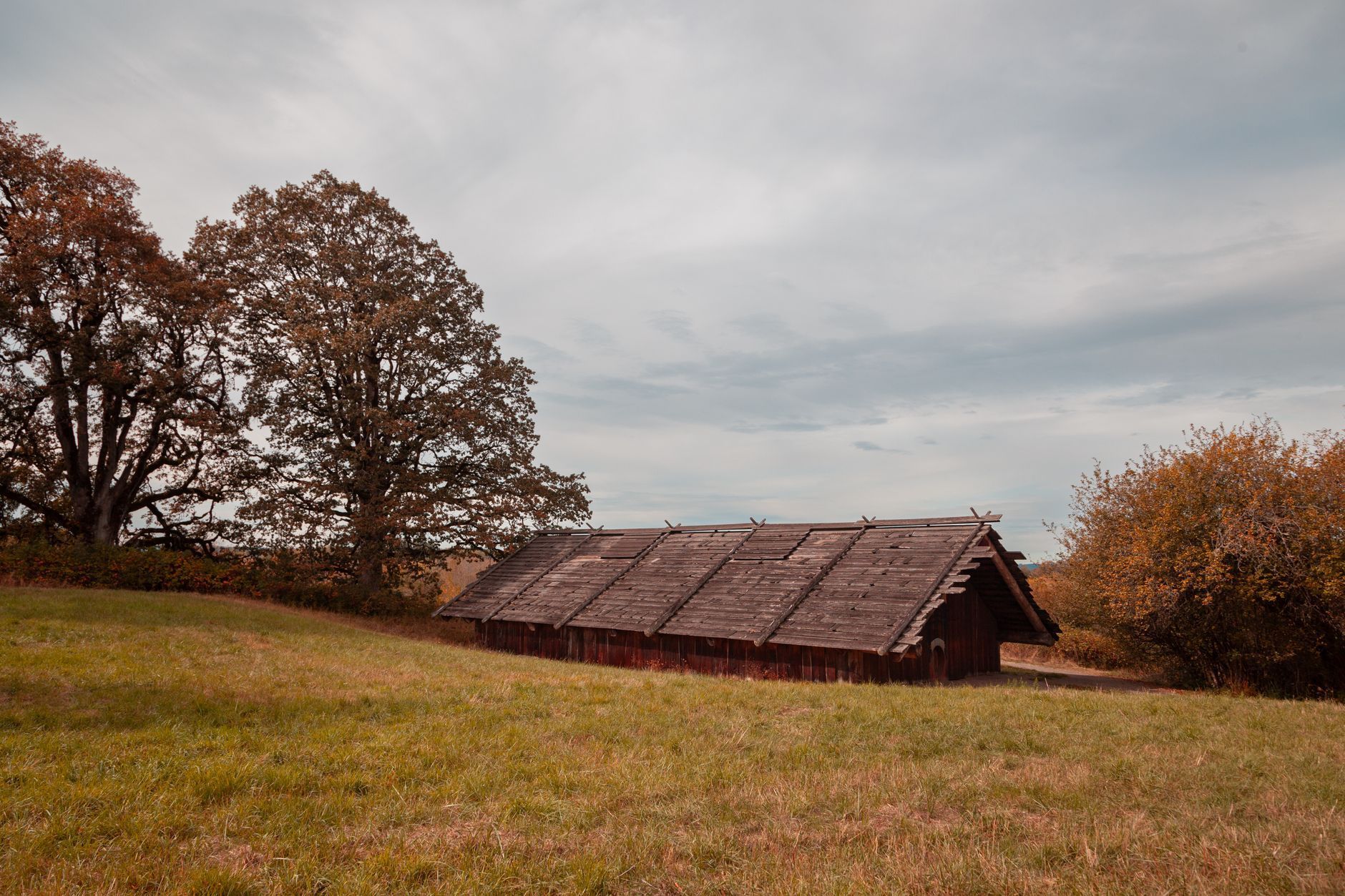 Rustic wooden barn in a grassy field with autumn trees under a cloudy sky