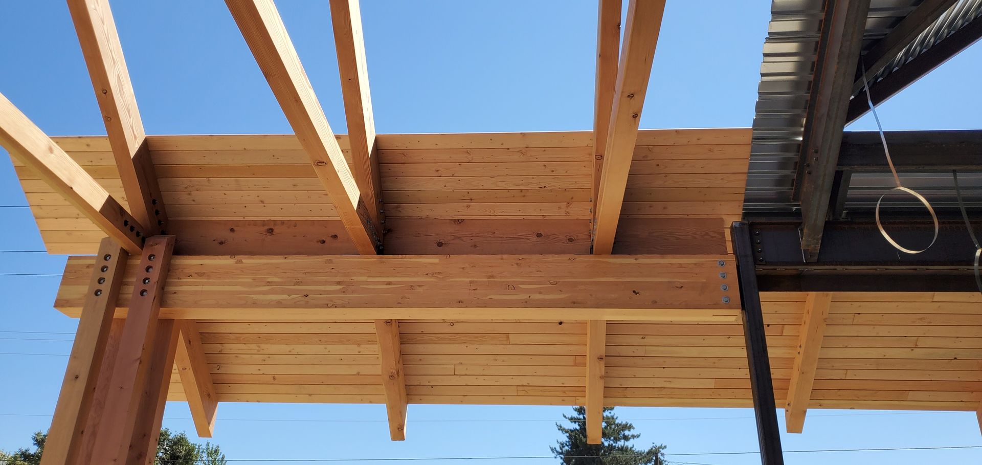 Wooden roof beams and joists under construction against a blue sky