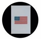American flag on a gray rectangular background, set within a black circle.