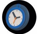 Blue and white clock with black hands at 10:15.