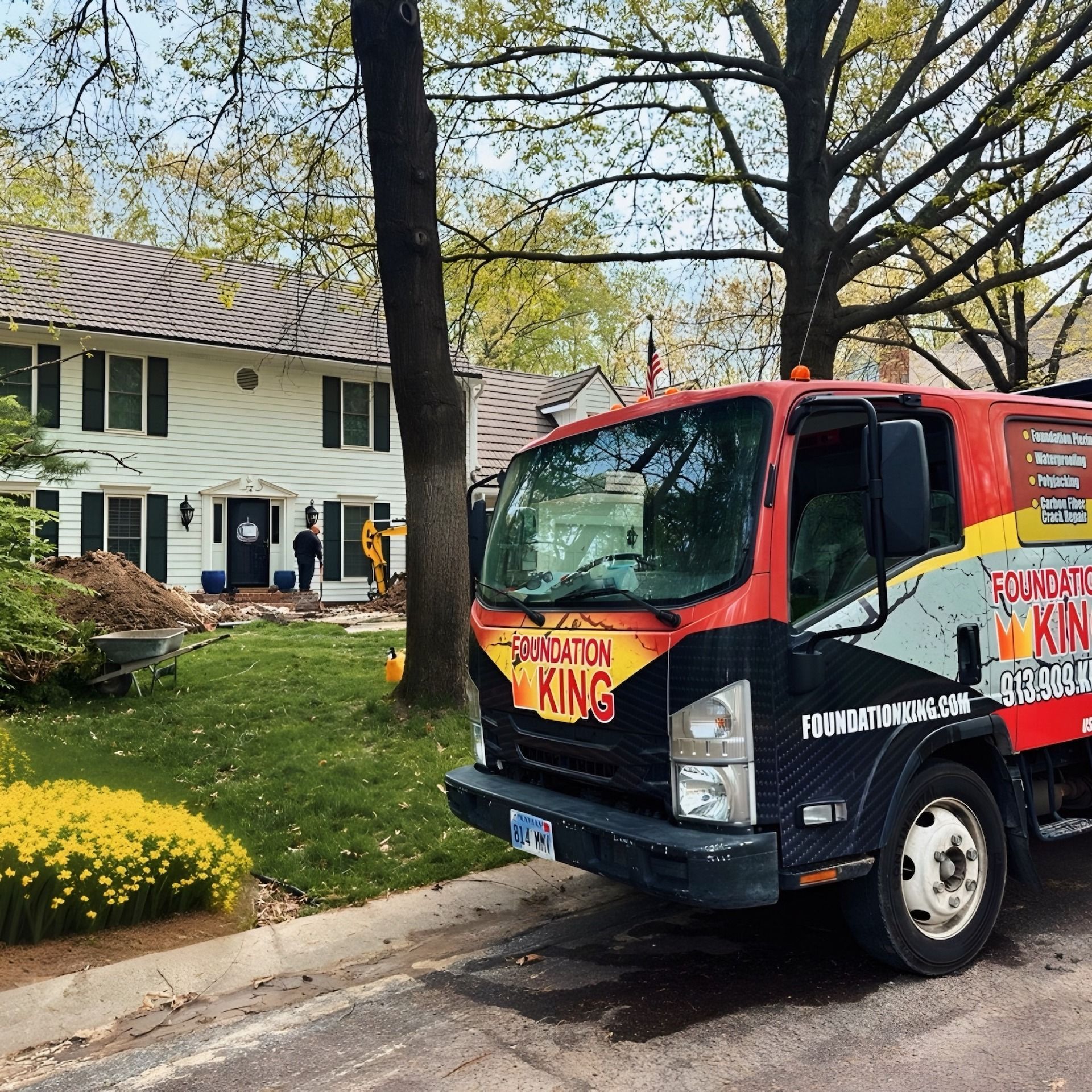 A red and black truck that says foundation king is parked in front of a house
