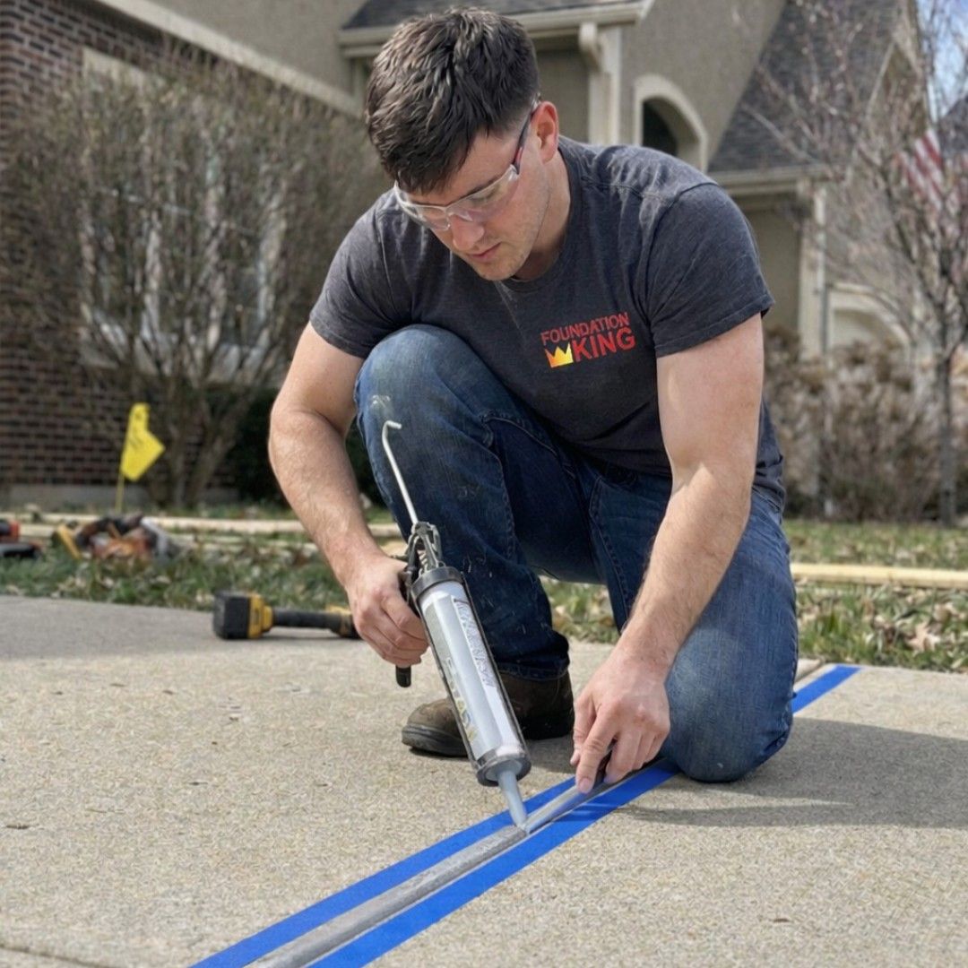 A person wearing safety glasses and a logo t-shirt uses a caulking gun to seal a concrete driveway joint taped with blue.