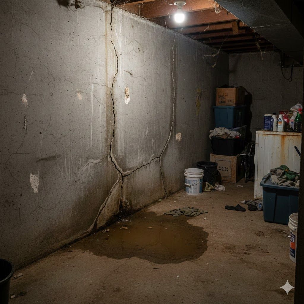 Dim unfinished basement with cracked concrete wall, wet floor puddle, and storage items along the right side.