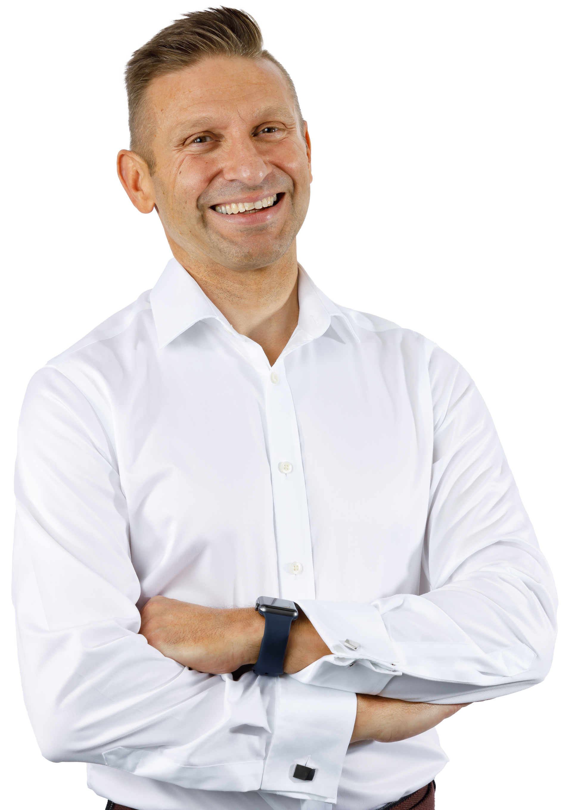 Man in white shirt with crossed arms, smiling, and watch, isolated on white background.
