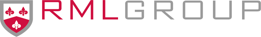Logo for RML Group, featuring a shield with floral emblems and the company name.