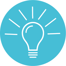 White outline of a lightbulb radiating lines, in a blue circle.