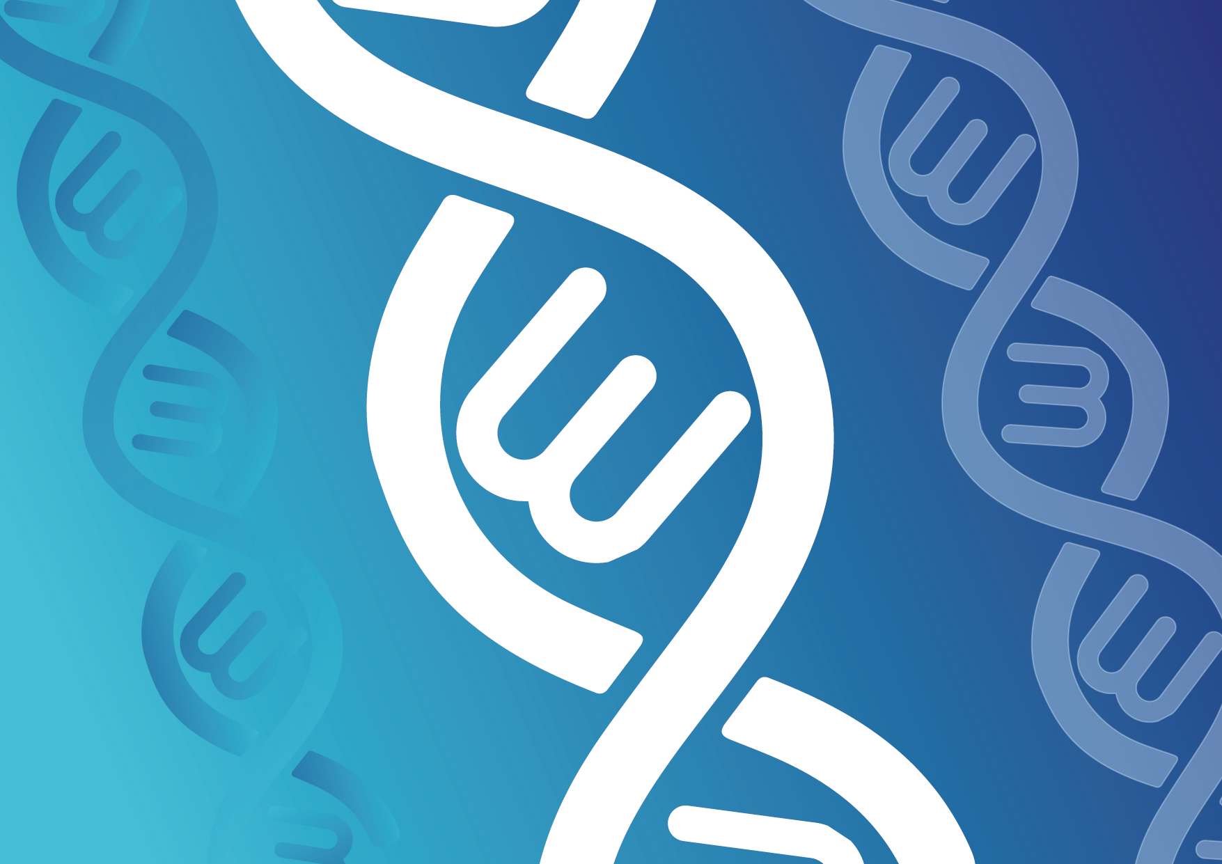 White DNA strand on a blue gradient background, symbolizing genetics and science.
