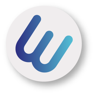 Blue gradient stylized “w” logo on a light gray circular background with a drop shadow