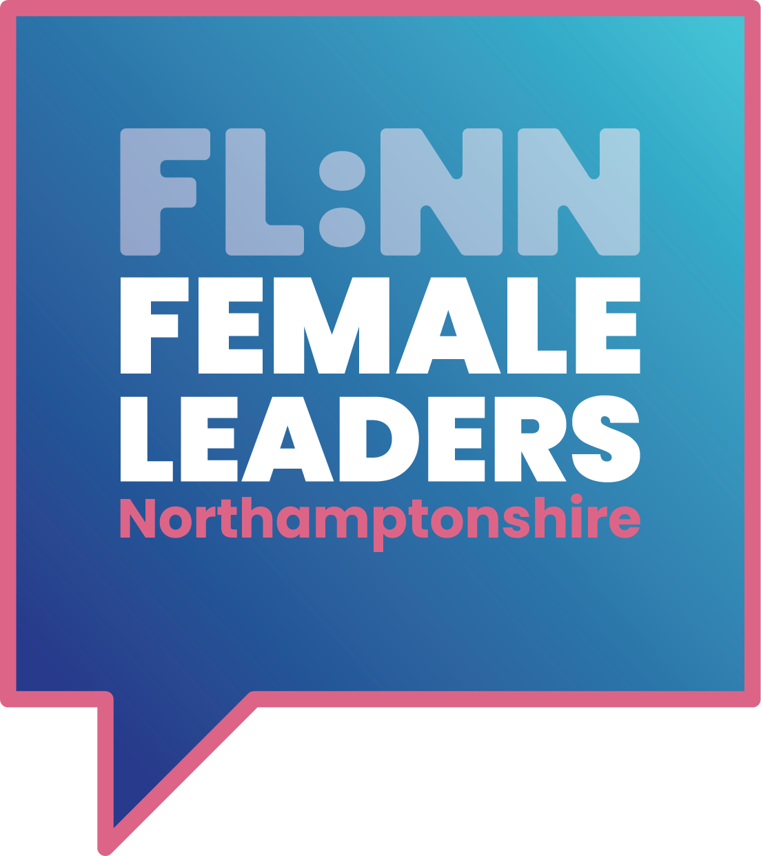Logo for FL:NN Female Leaders Northamptonshire, white text on blue/pink speech bubble.