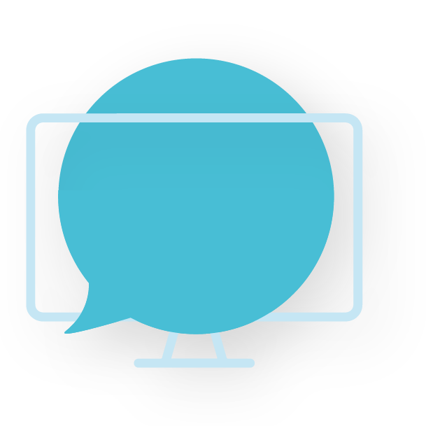 Blue speech bubble on a computer screen, indicating online chat or messaging.