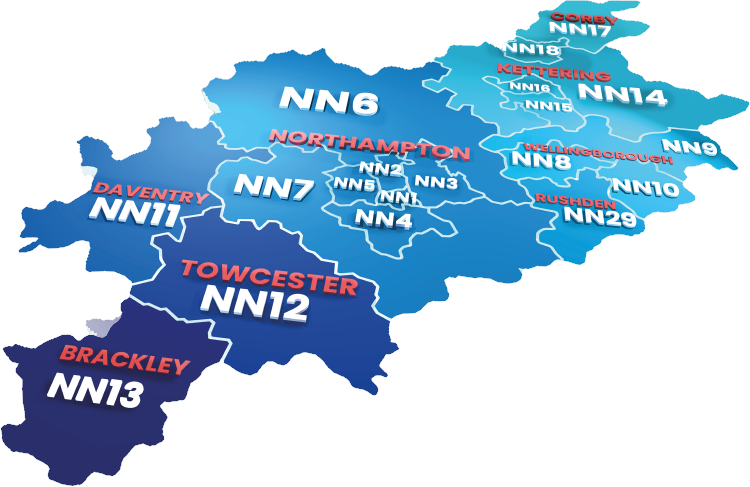 Map of Northamptonshire, UK, showing postcodes NN1-NN20, with towns like Northampton and Brackley.