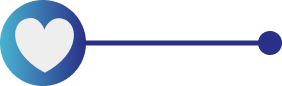 Blue gradient circle with a white heart, connected by a line to a blue dot.