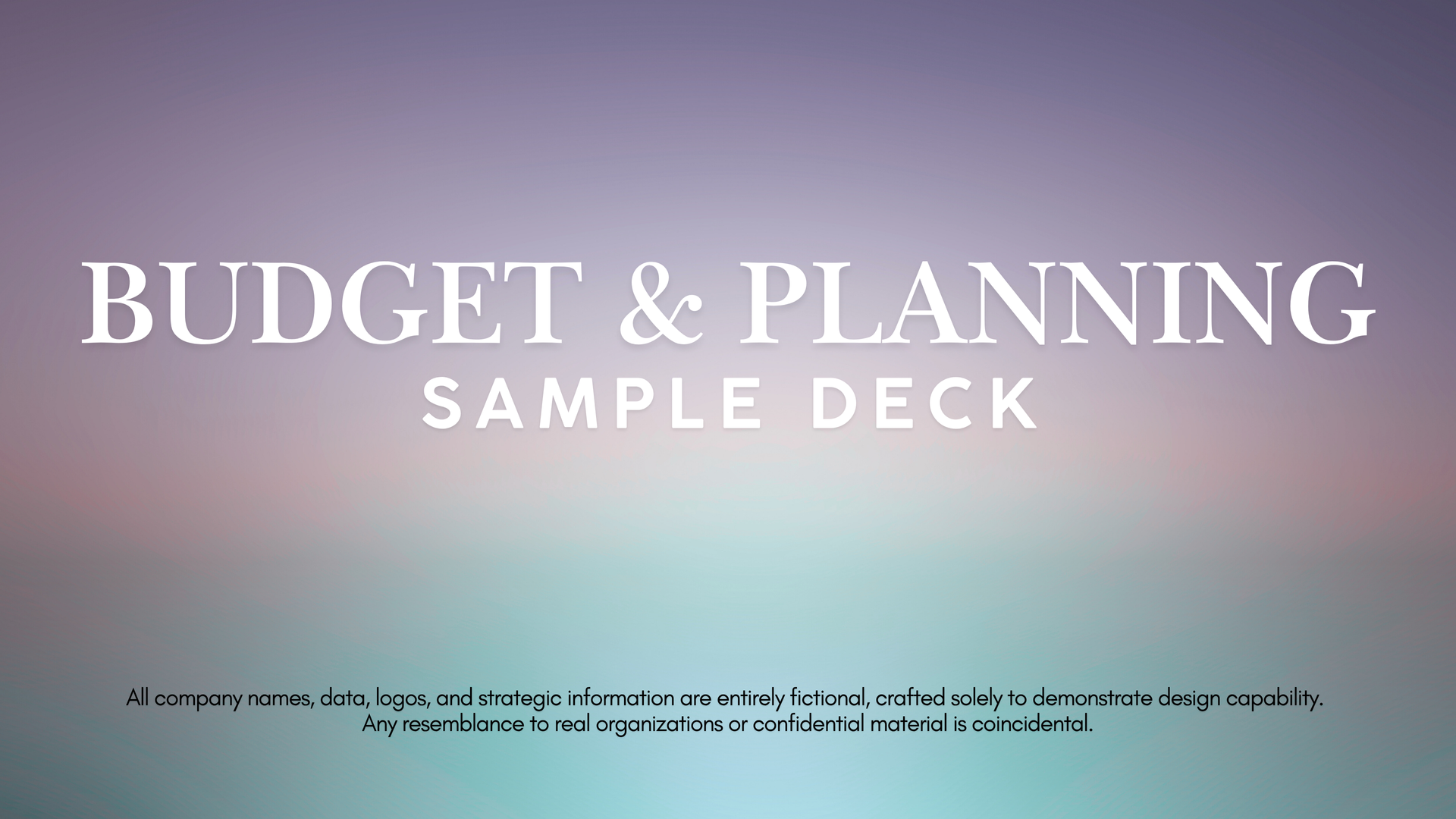 Title slide for a budget and planning presentation. Soft purple and blue background with white text.