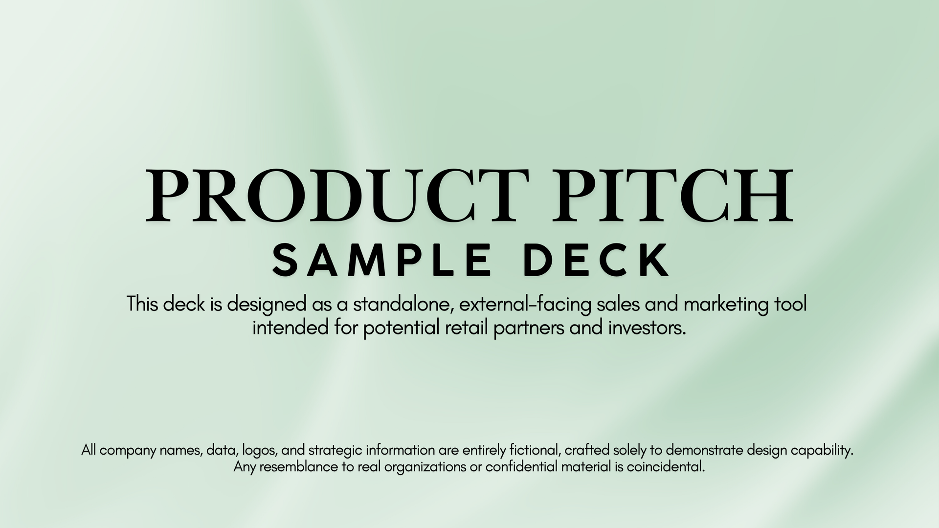 A product pitch sample deck title page on a light green background.