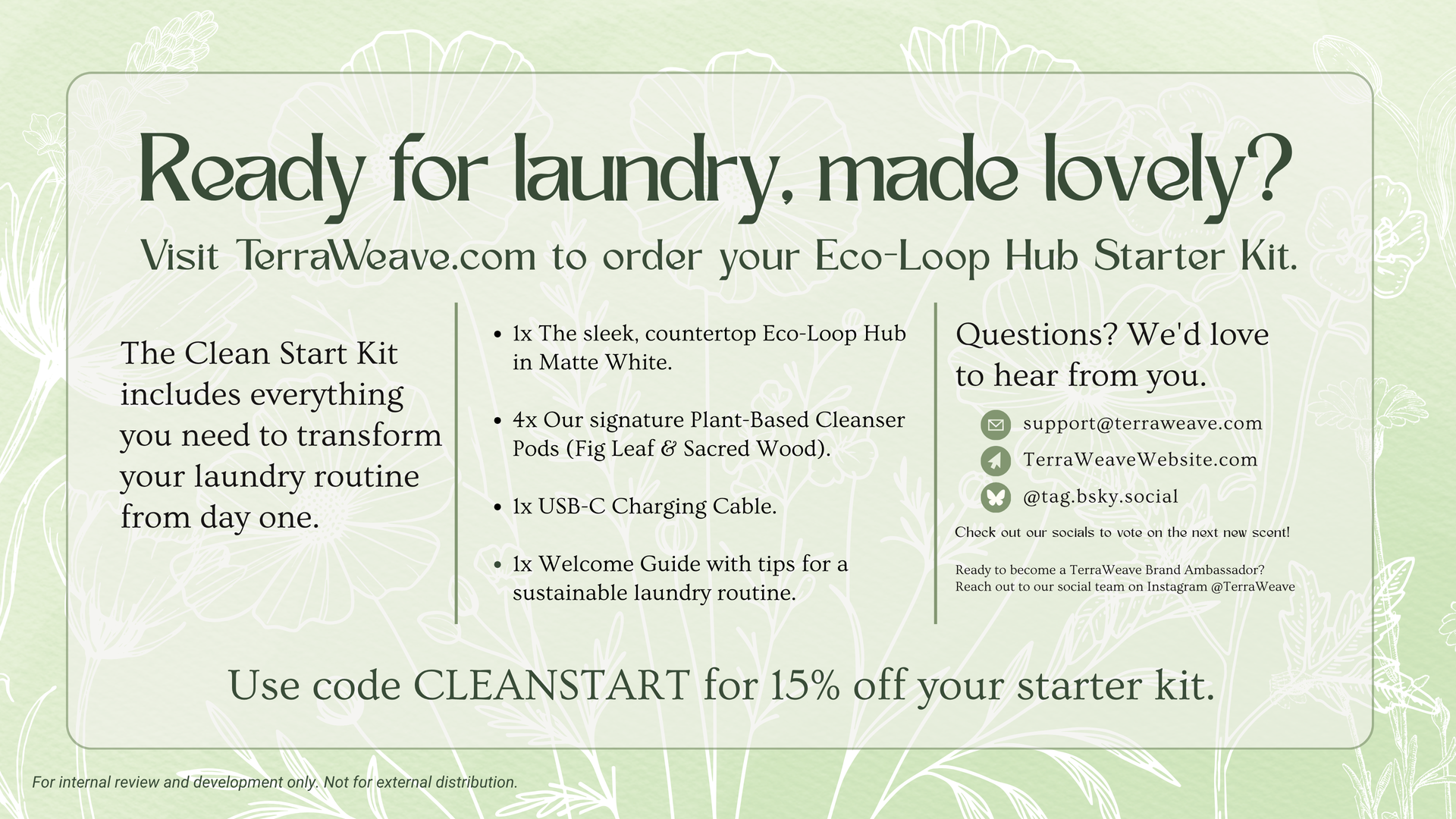 Ad for laundry kit with text and logo, offering 15% off with code CLEANSTART. Green background.