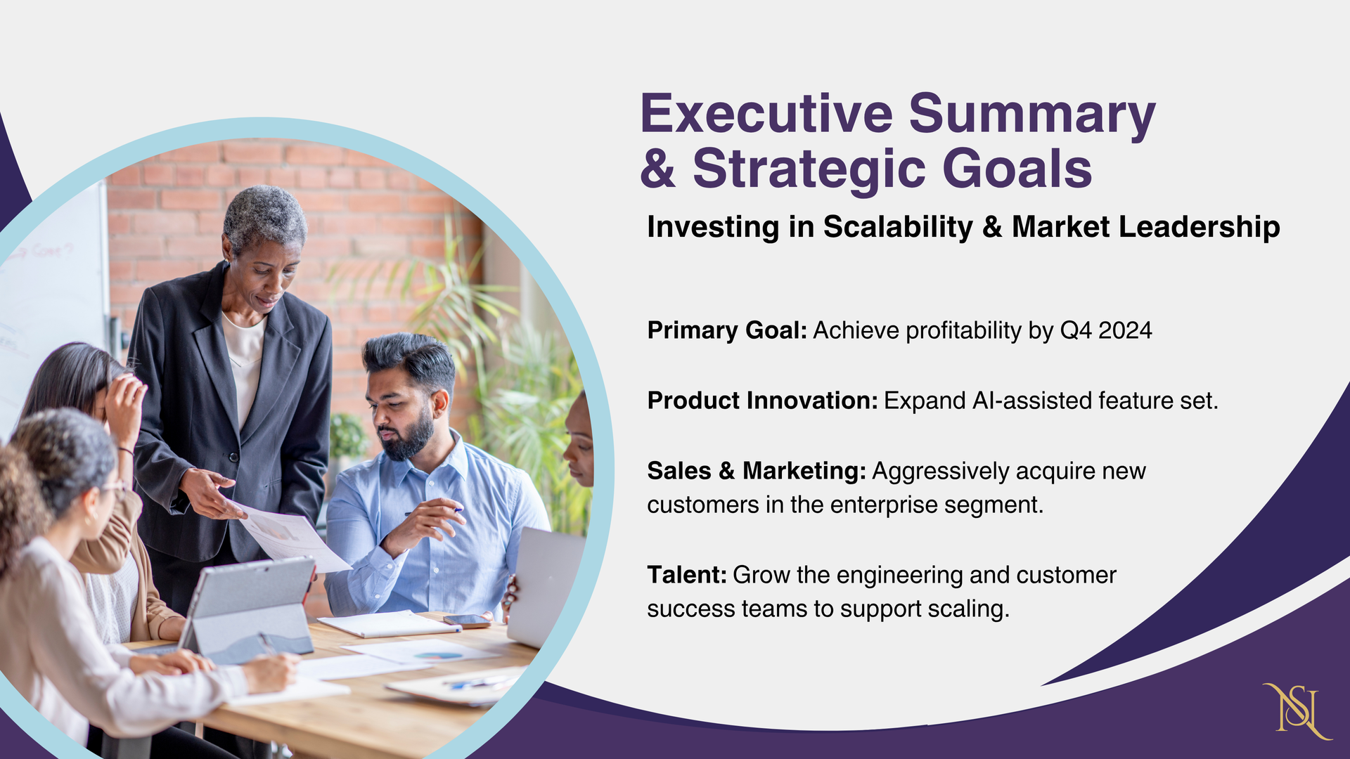 Executive summary slide: team in meeting, aiming for scalability, market leadership.