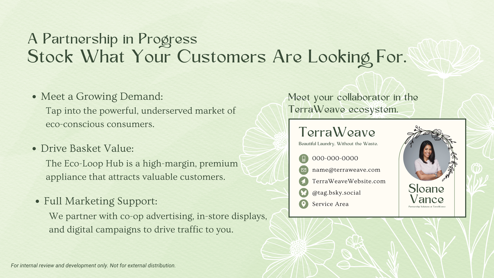 Green advertisement for B2B. Offers to meet growing demand, drive sales, and provide marketing support from TerraWeave. Includes a contact.