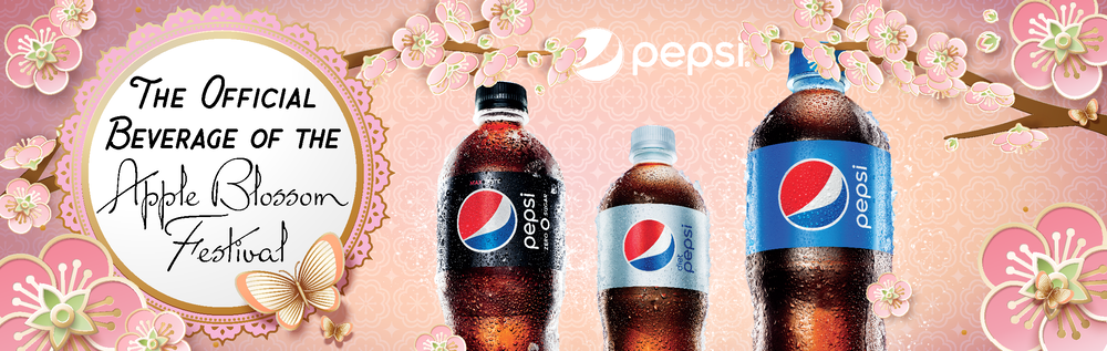 A banner image for a festival called Apple Blossom. It is pink with cherry blossoms. It shows three bottles of pepsi.