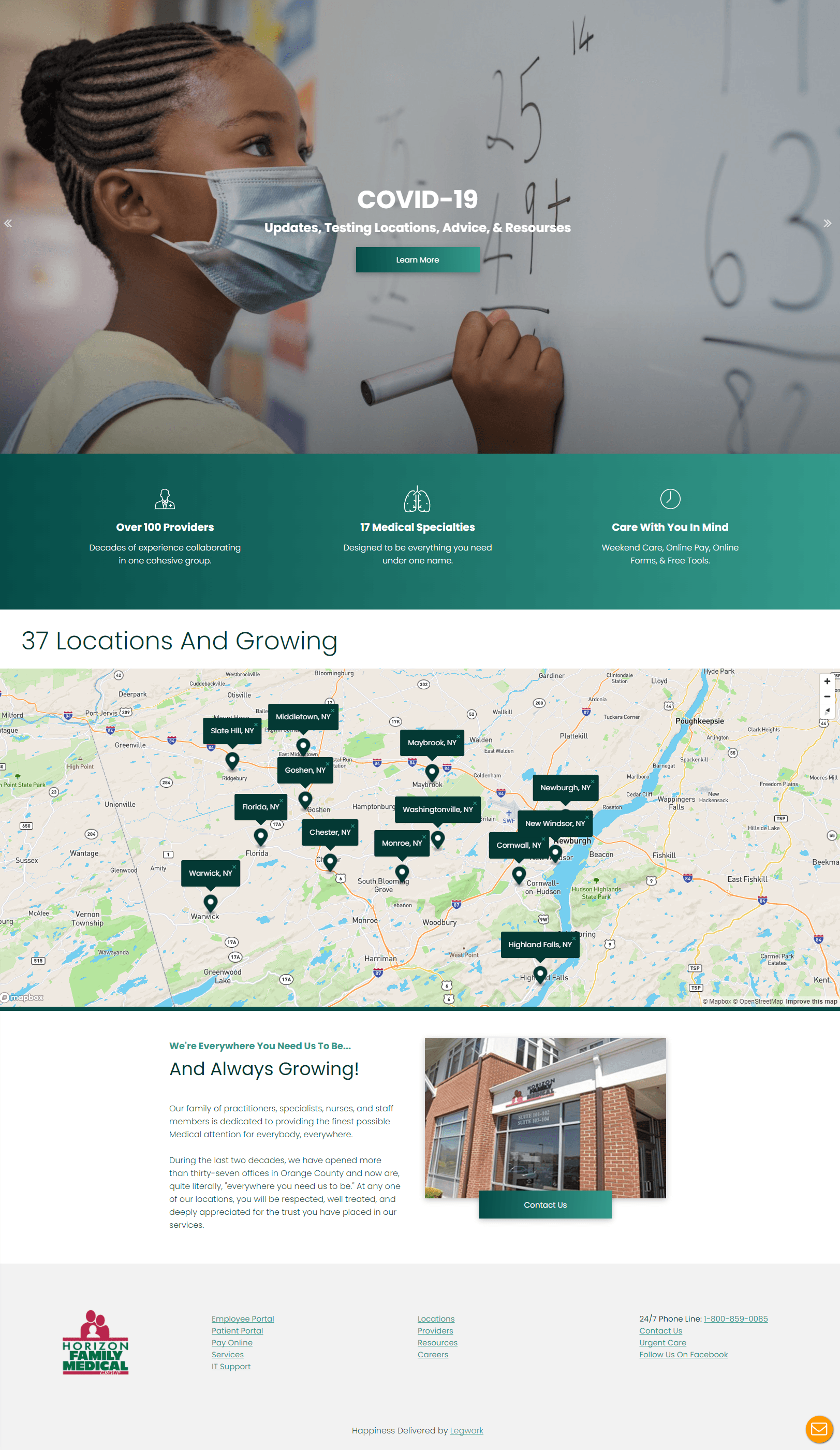 Image of a homepage for a collection of clinics called Horizon Family Medical.