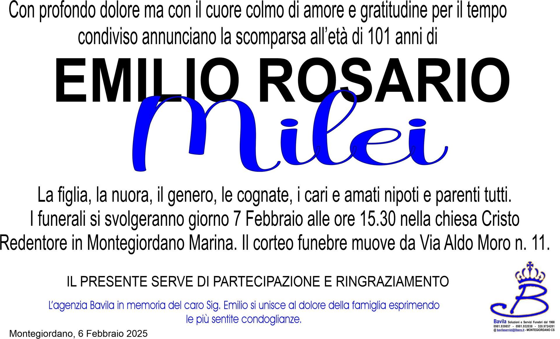 necrologio Emilio Rosario Milei