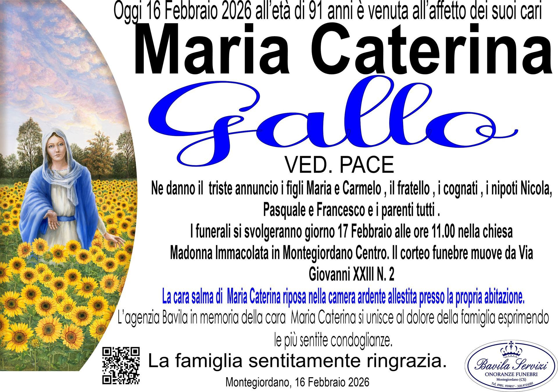 necrologio Maria Caterina Gallo Ved. Pace