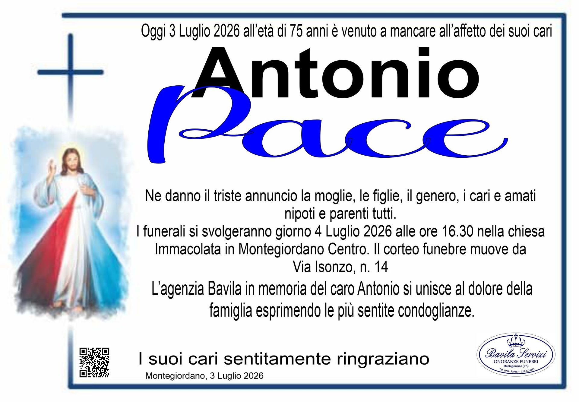 necrologio Antonio Pace
