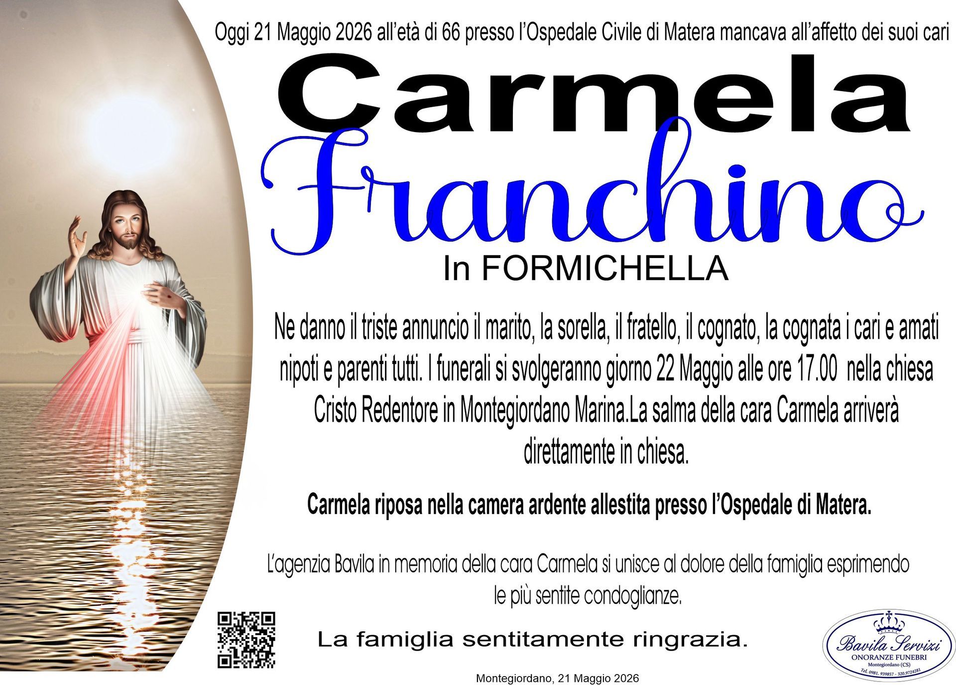 necrologio Carmela Franchino in Formichella