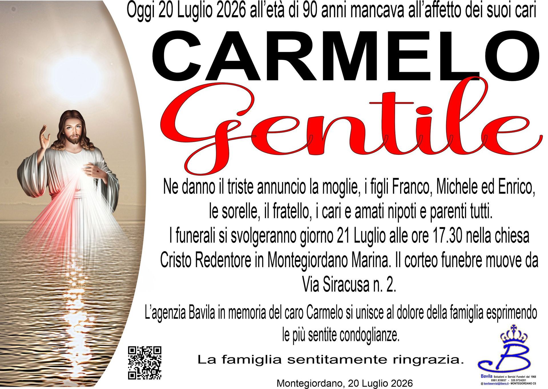necrologio Carmelo Gentile