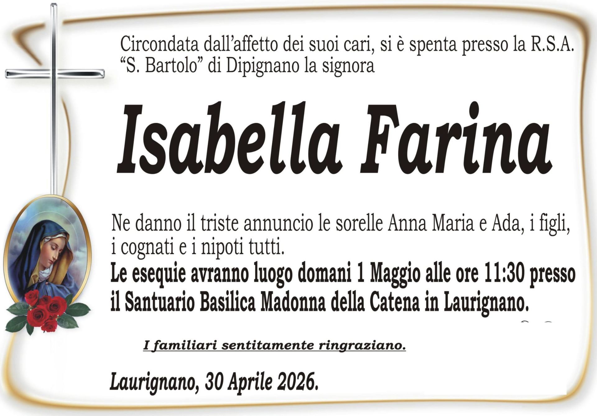 necrologio Isabella Farina
