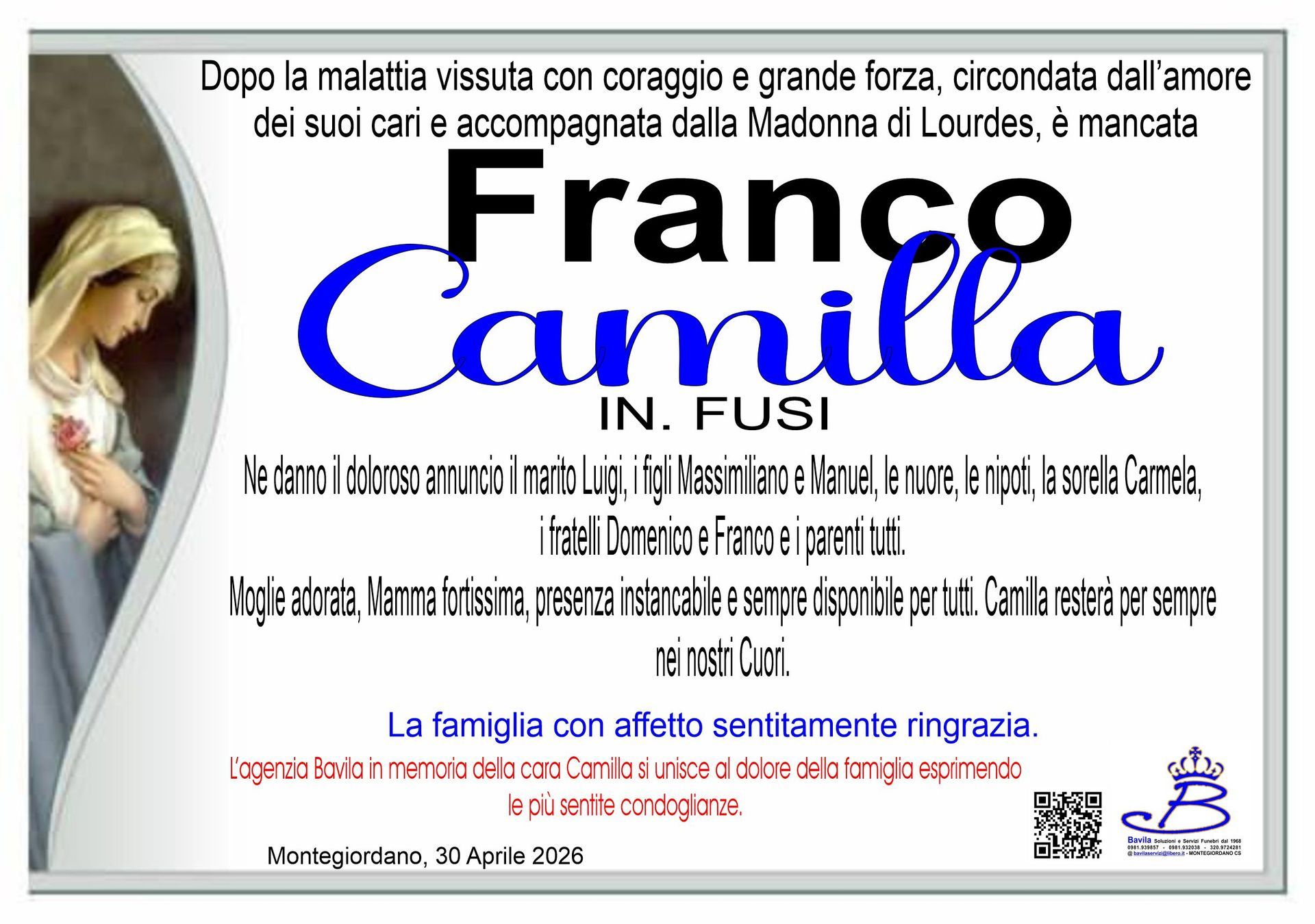 necrologio Franco Camilla in Fusi