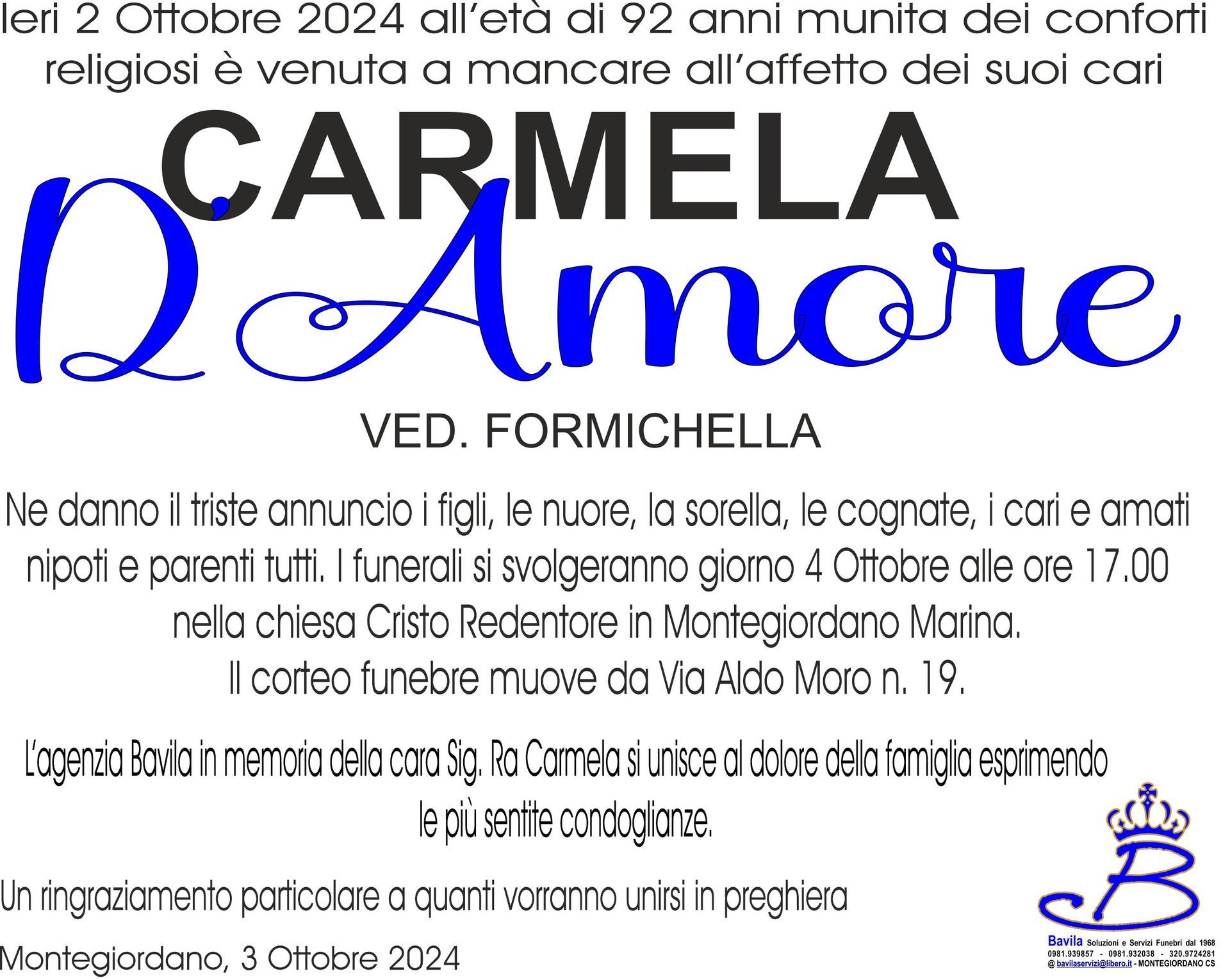 necrologio Carmela D'Amore Ved. Formichella