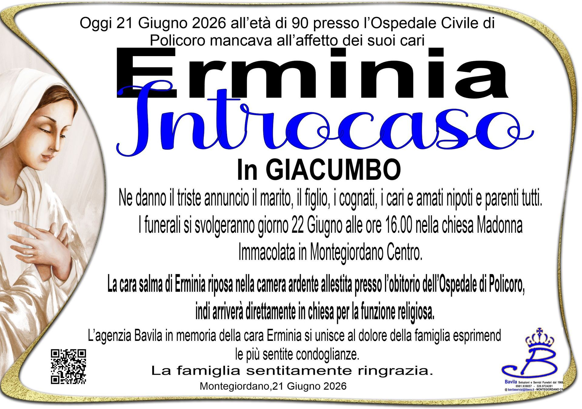necrologio Erminia Introcaso in Giacumbo