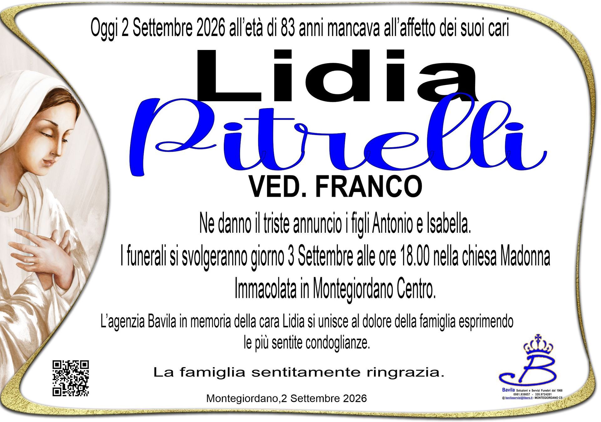 necrologio Lidia Pitrelli Ved. Franco