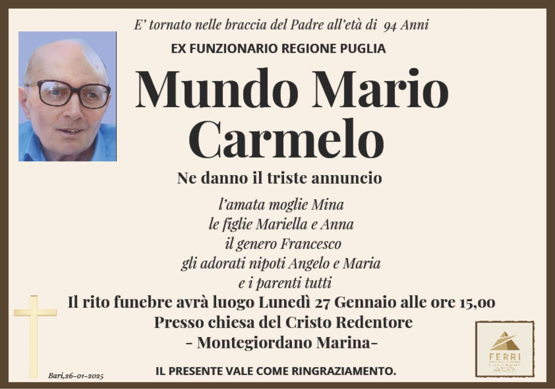 necrologio Mario Carmelo Mundo