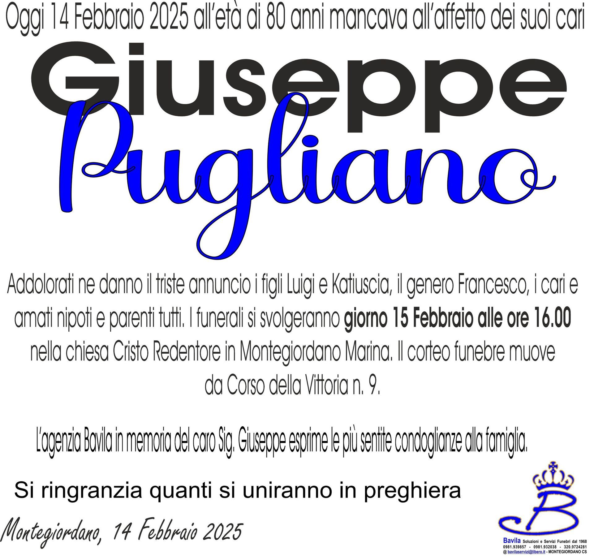 necrologio Giuseppe Pugliano
