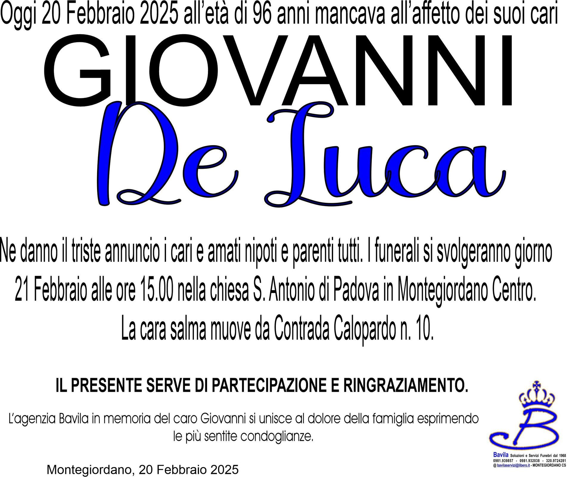 necrologio Giovanni De Luca