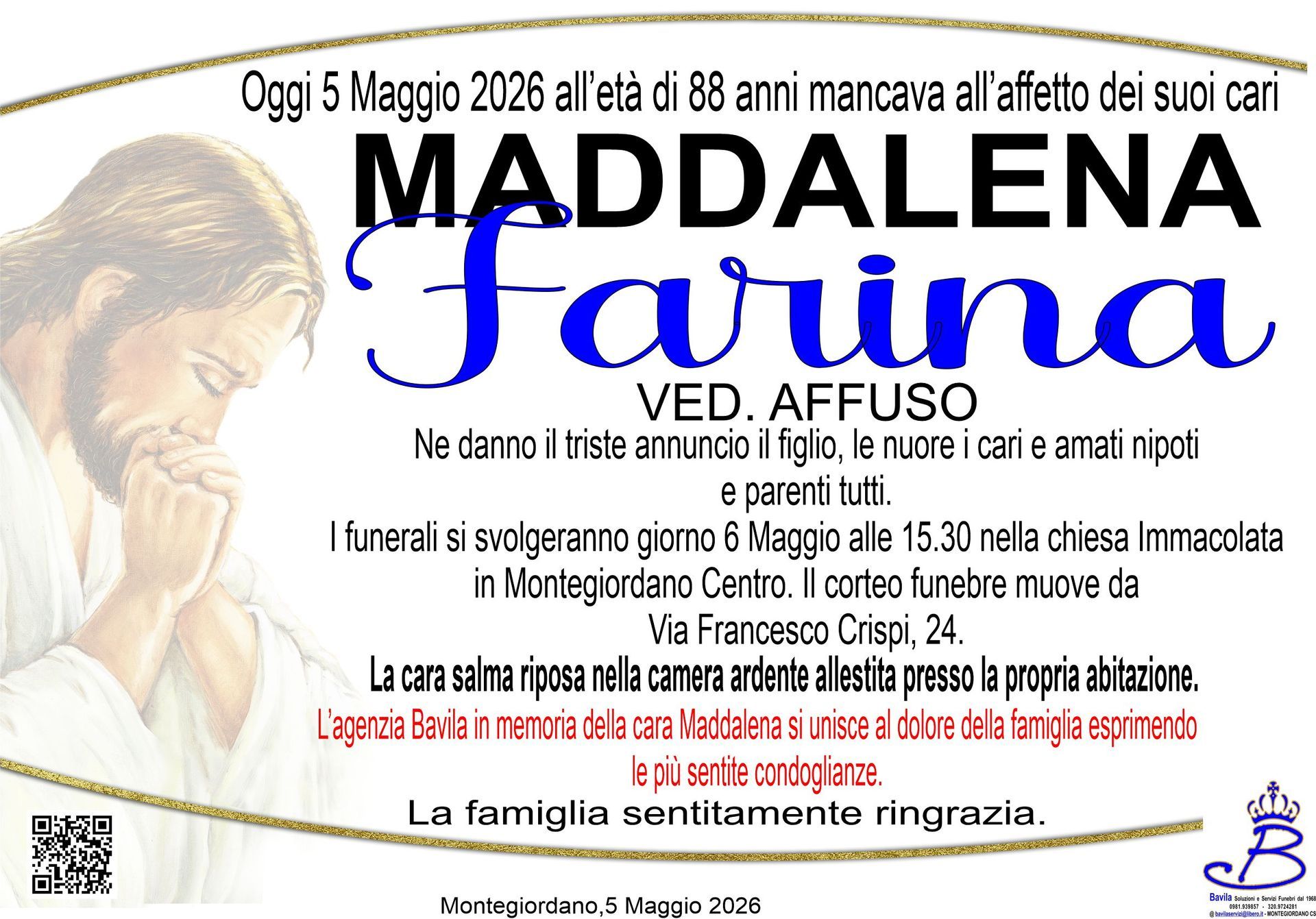 necrologio Maddalena Farina in Affuso