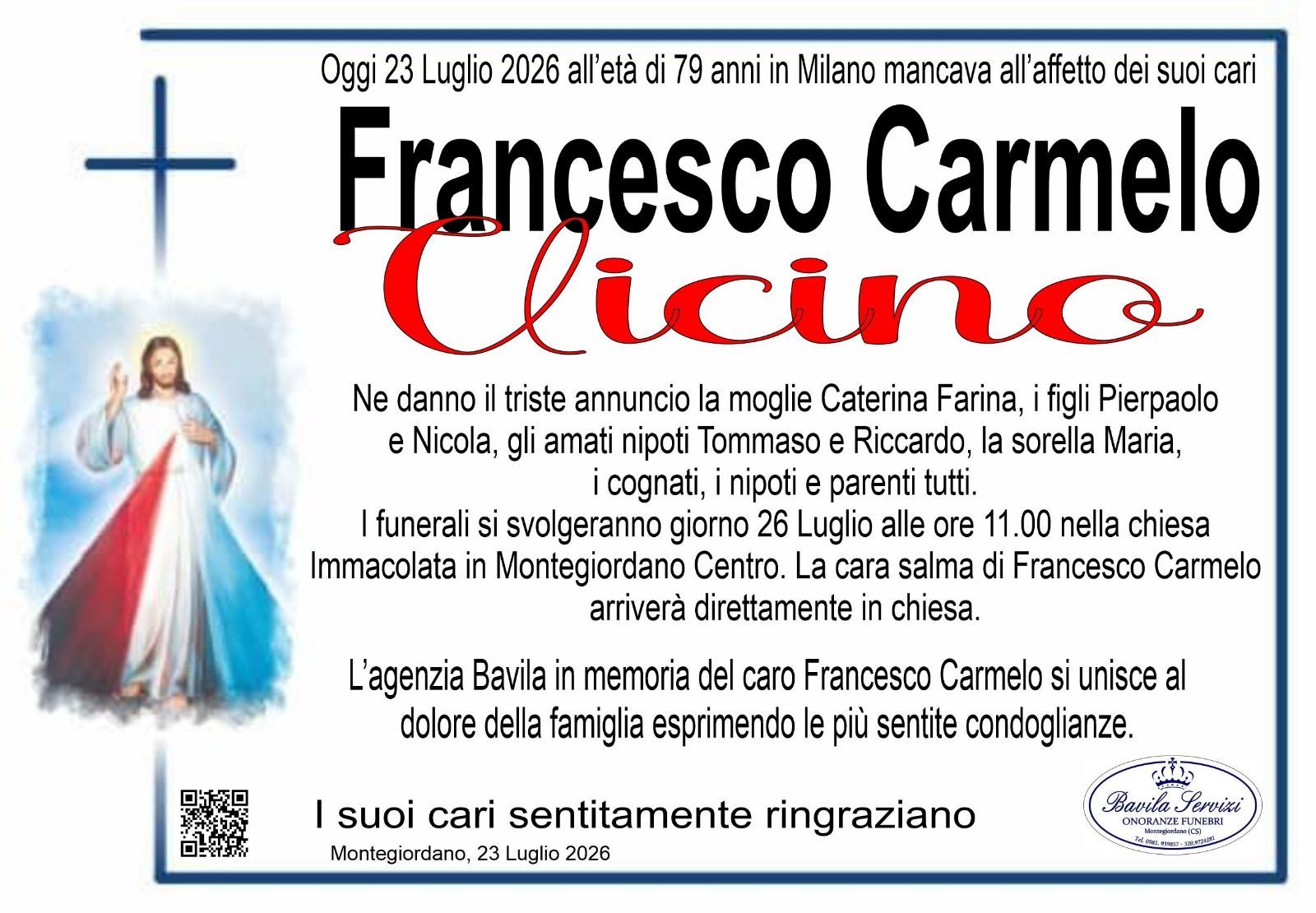 necrologio Francesco Carmelo Vicino