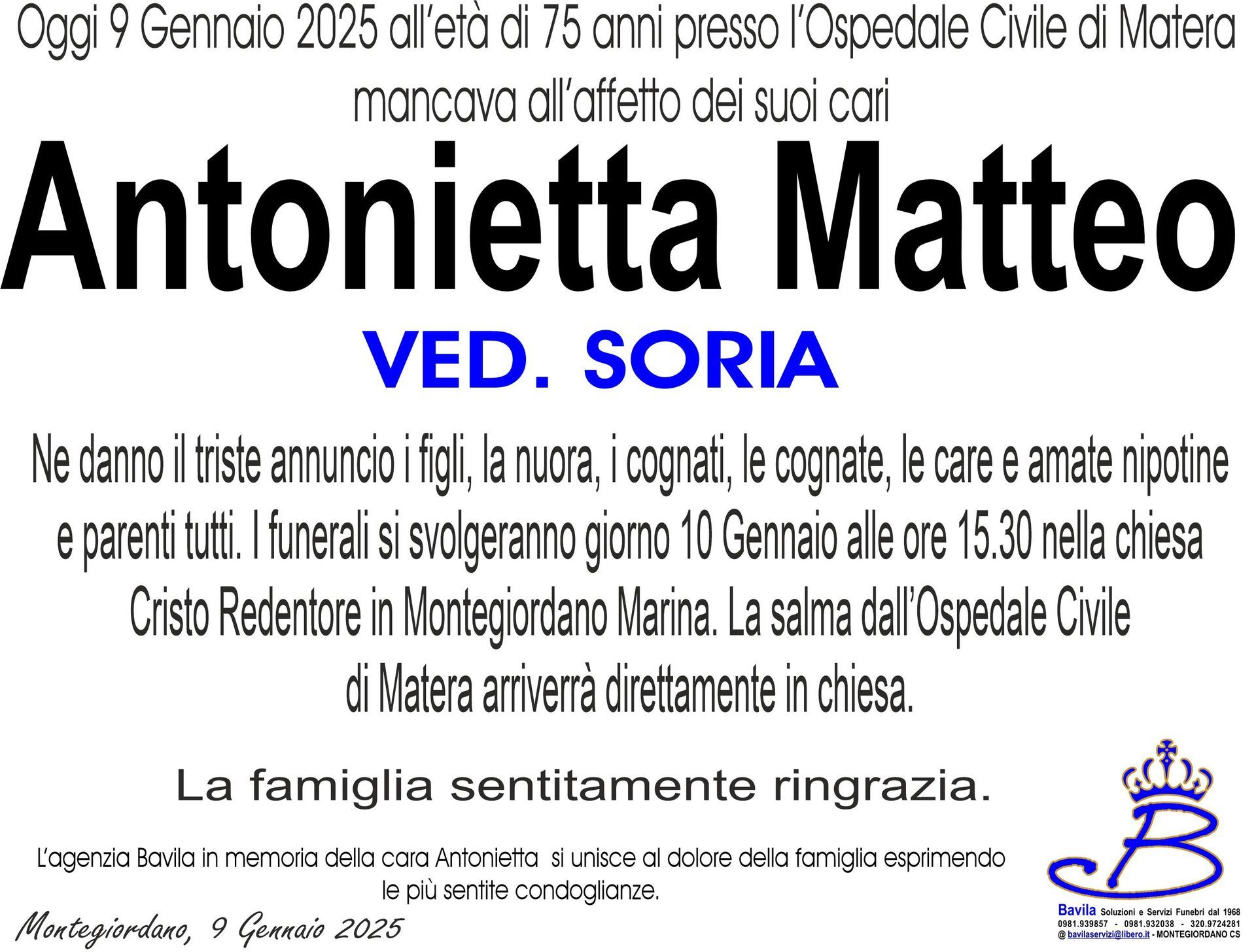 necrologio Antonietta Matteo