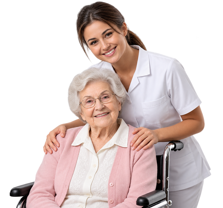 Smiling caregiver with elderly woman in wheelchair against white background